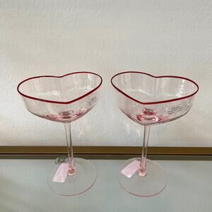 Pink Heart Shaped Martini Glass Set of 2 Red Rim Valentines Day NEW